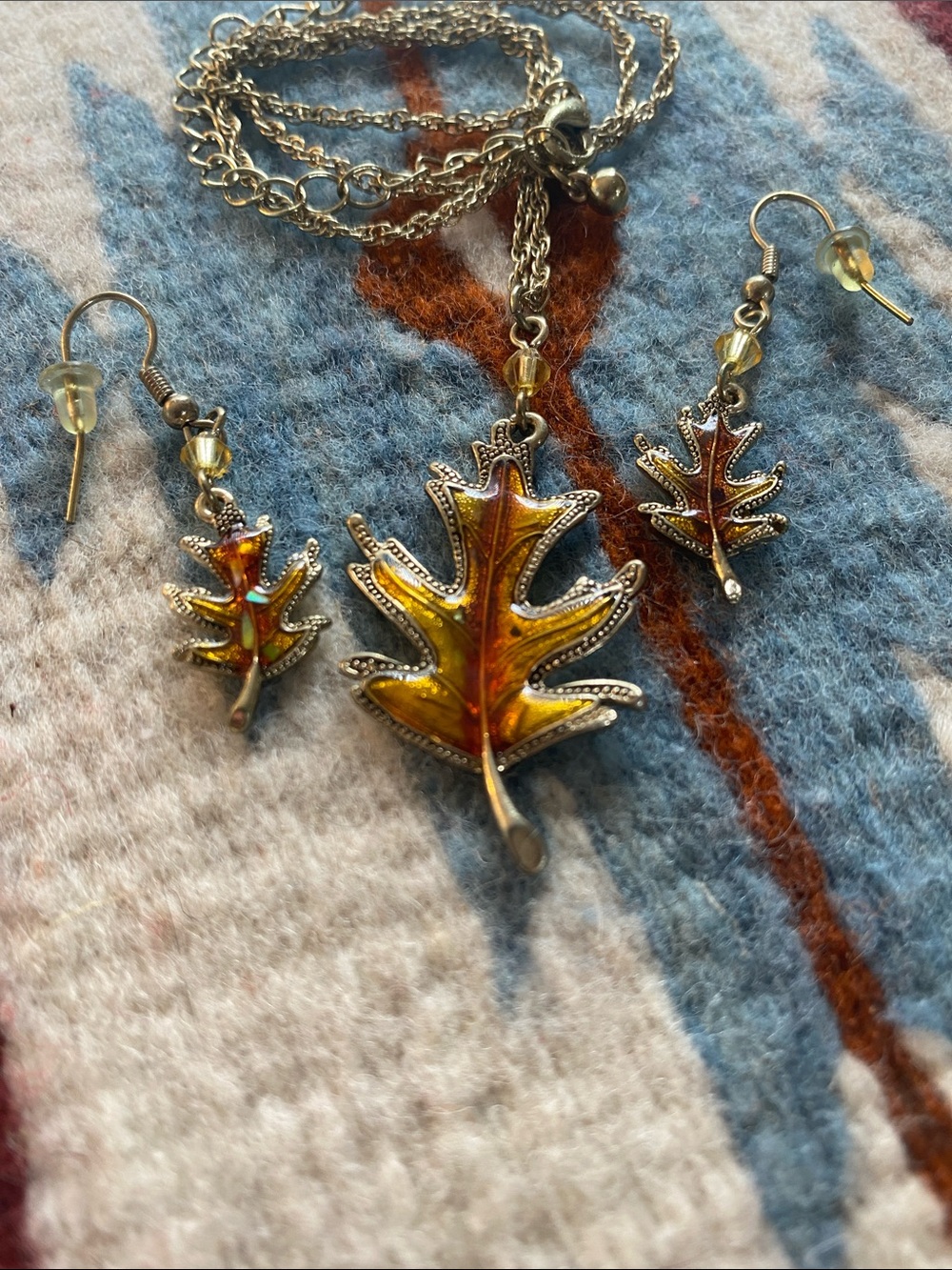 Autumn Oak Leaf Pendant Necklace & Earrings Set - Gold Toned Amber Enamel